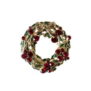 1990s Liz Claiborne Green Enamel Red Rhinestone Christmas Wreath Pin Brooch